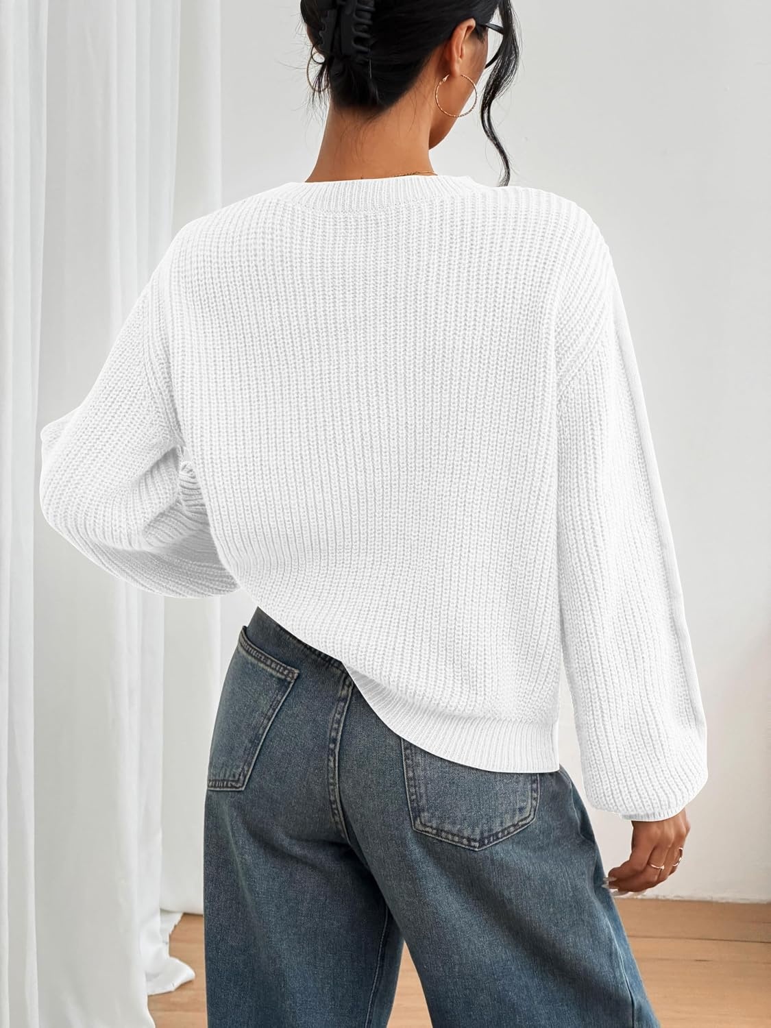image:imageZAFUL Womens Oversized Sweaters Cute Heart Print Lantern Sleeve Sweater6white