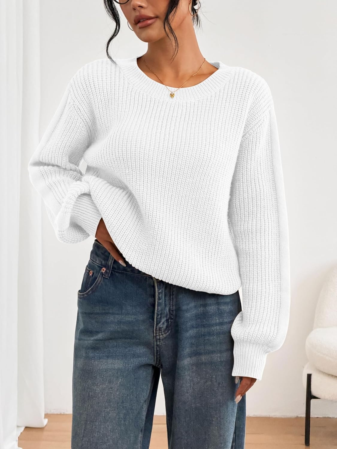 image:imageZAFUL Womens Oversized Sweaters Cute Heart Print Lantern Sleeve Sweater6white