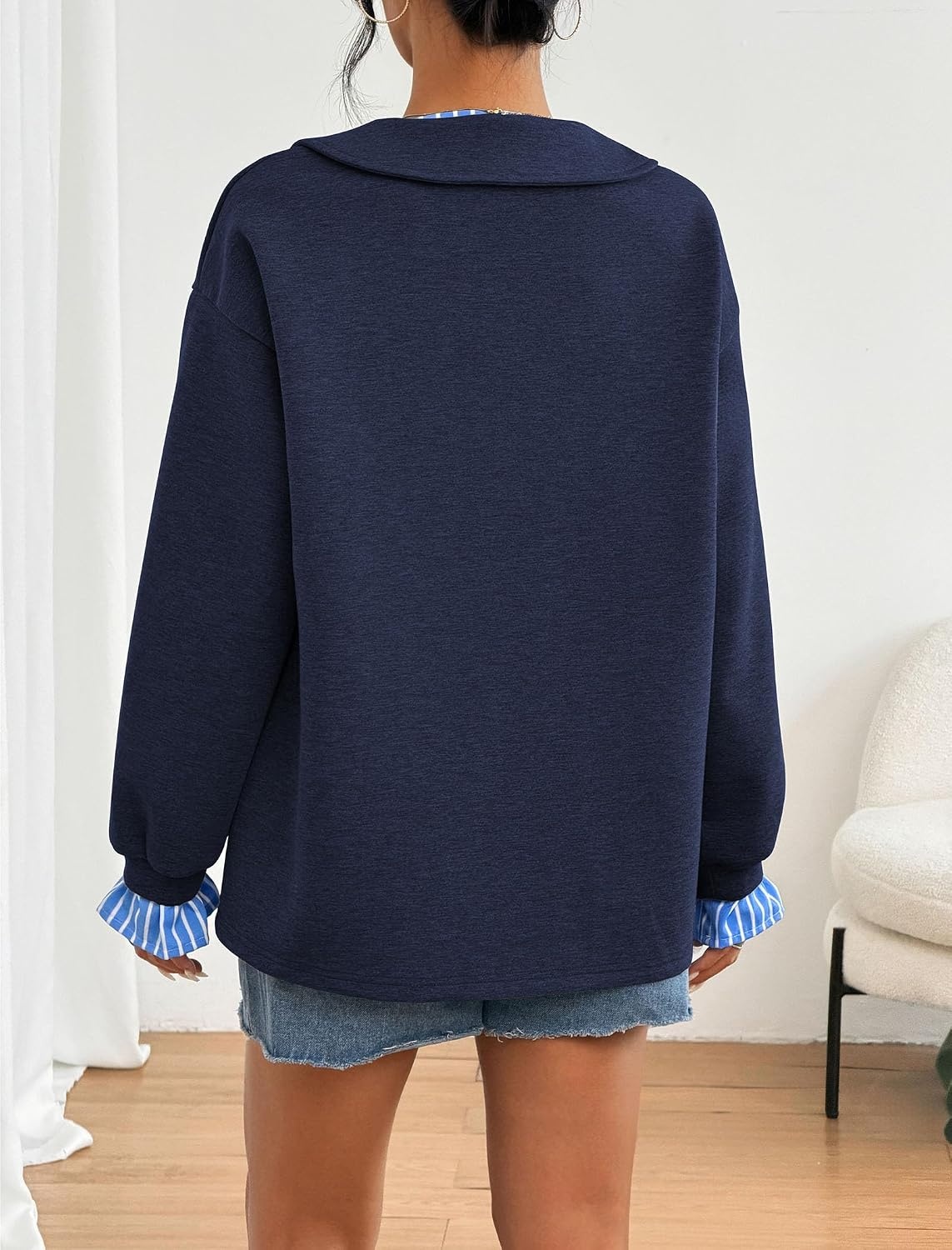 image:imageZAFUL Womens Oversized Sweatshirt V Neck Striped Patchwork Casual Pullover1navy Blue