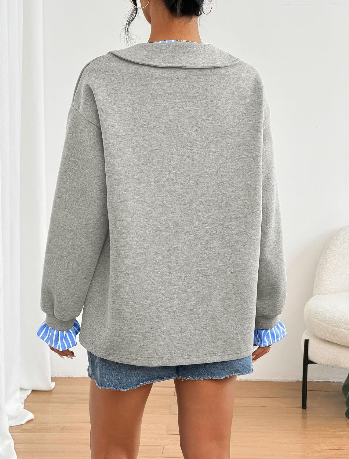image:imageZAFUL Womens Oversized Sweatshirt V Neck Striped Patchwork Casual Pullover2grey