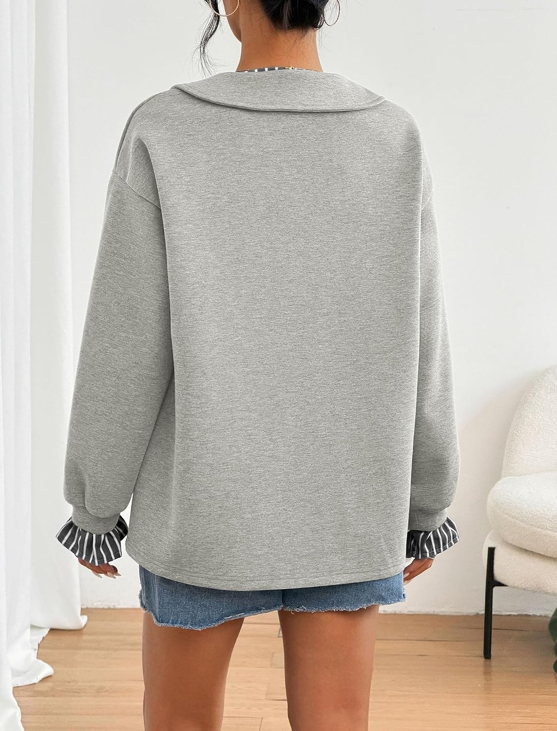 image:imageZAFUL Womens Oversized Sweatshirt V Neck Striped Patchwork Casual Pullover3grey