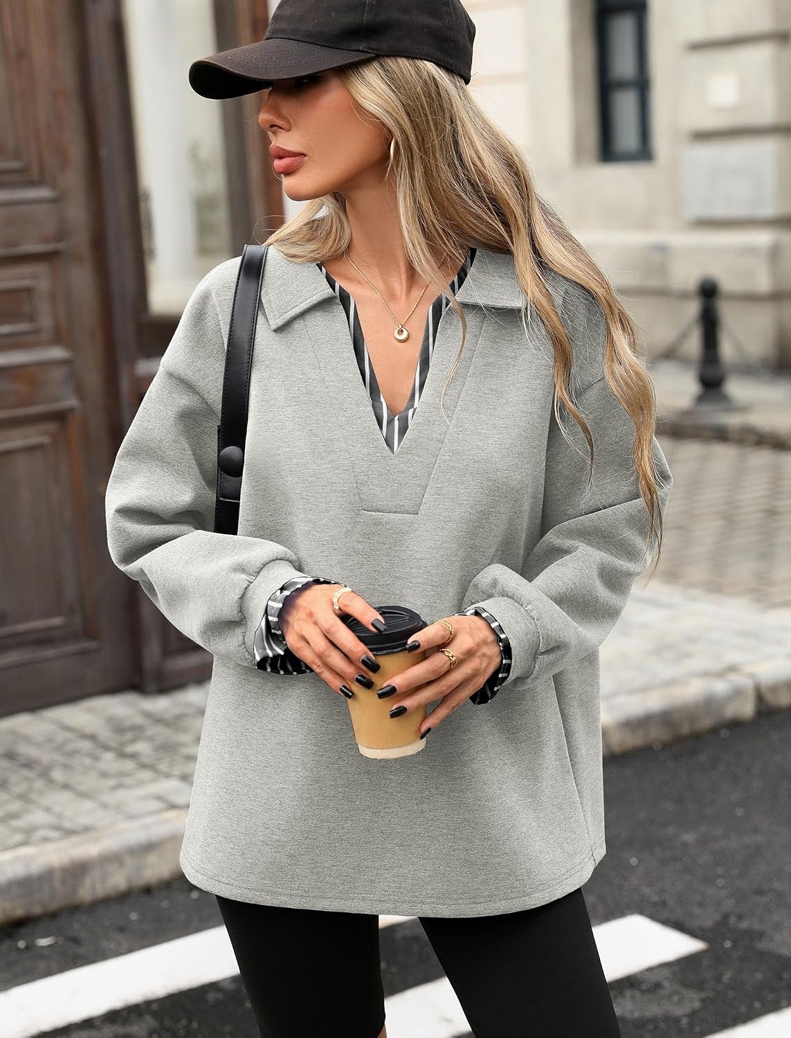 image:imageZAFUL Womens Oversized Sweatshirt V Neck Striped Patchwork Casual Pullover3grey