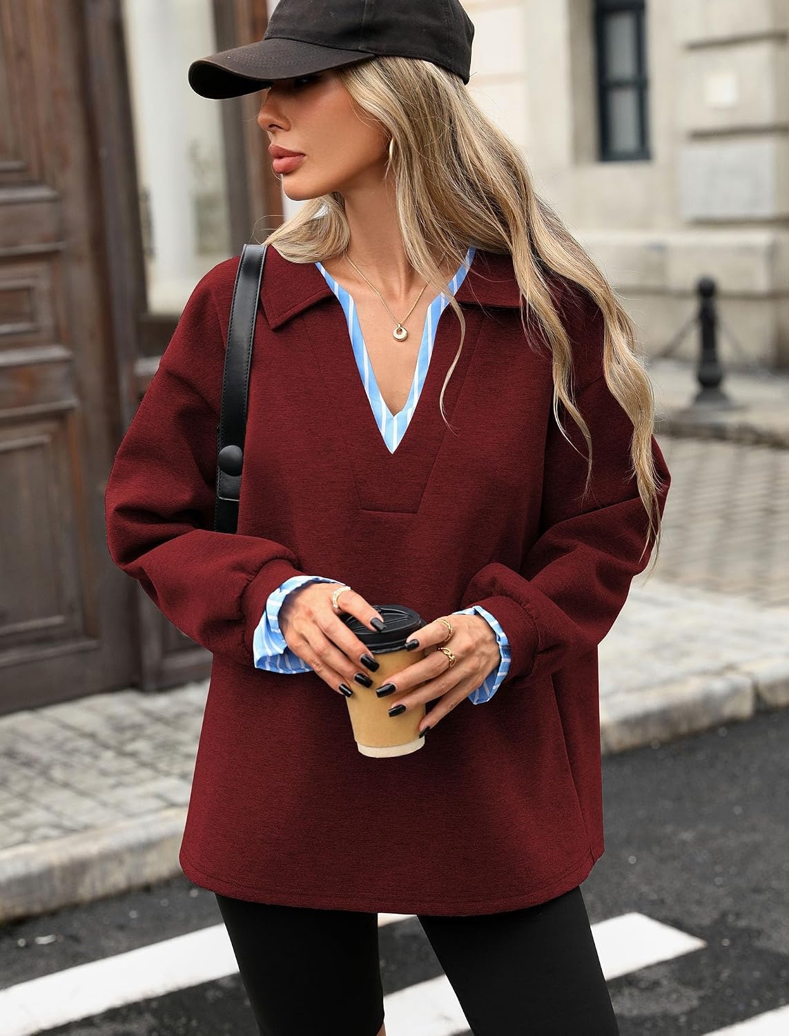 image:imageZAFUL Womens Oversized Sweatshirt V Neck Striped Patchwork Casual Pullover4burgundy