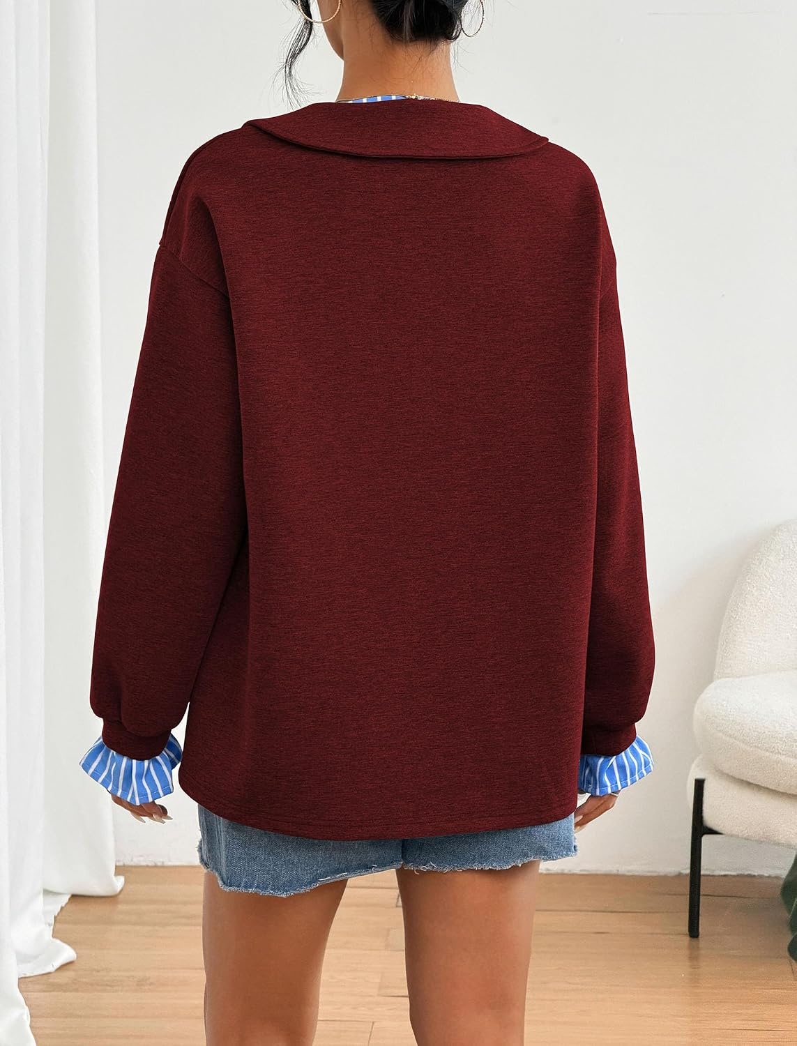 image:imageZAFUL Womens Oversized Sweatshirt V Neck Striped Patchwork Casual Pullover4burgundy