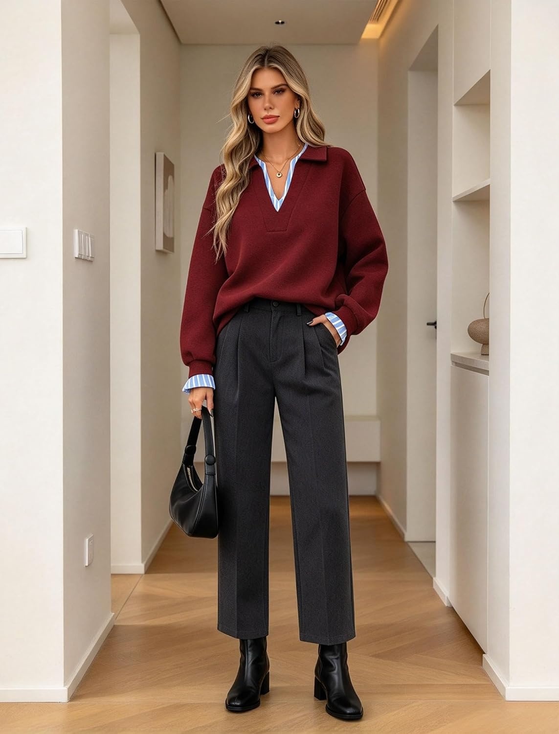 image:imageZAFUL Womens Oversized Sweatshirt V Neck Striped Patchwork Casual Pullover4burgundy