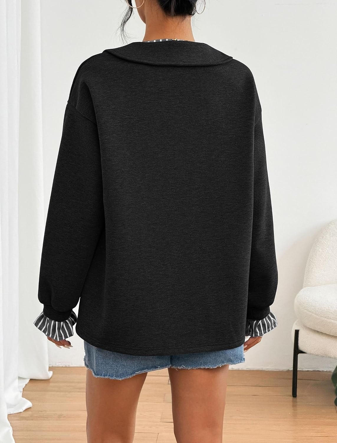 image:imageZAFUL Womens Oversized Sweatshirt V Neck Striped Patchwork Casual Pullover5black