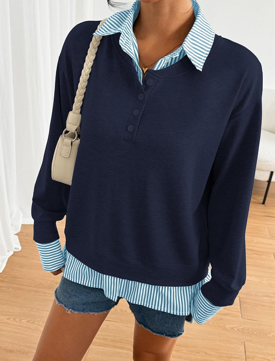 image:imageZAFUL Womens Oversized Sweatshirt V Neck Striped Patchwork Casual Pullover6royal Blue