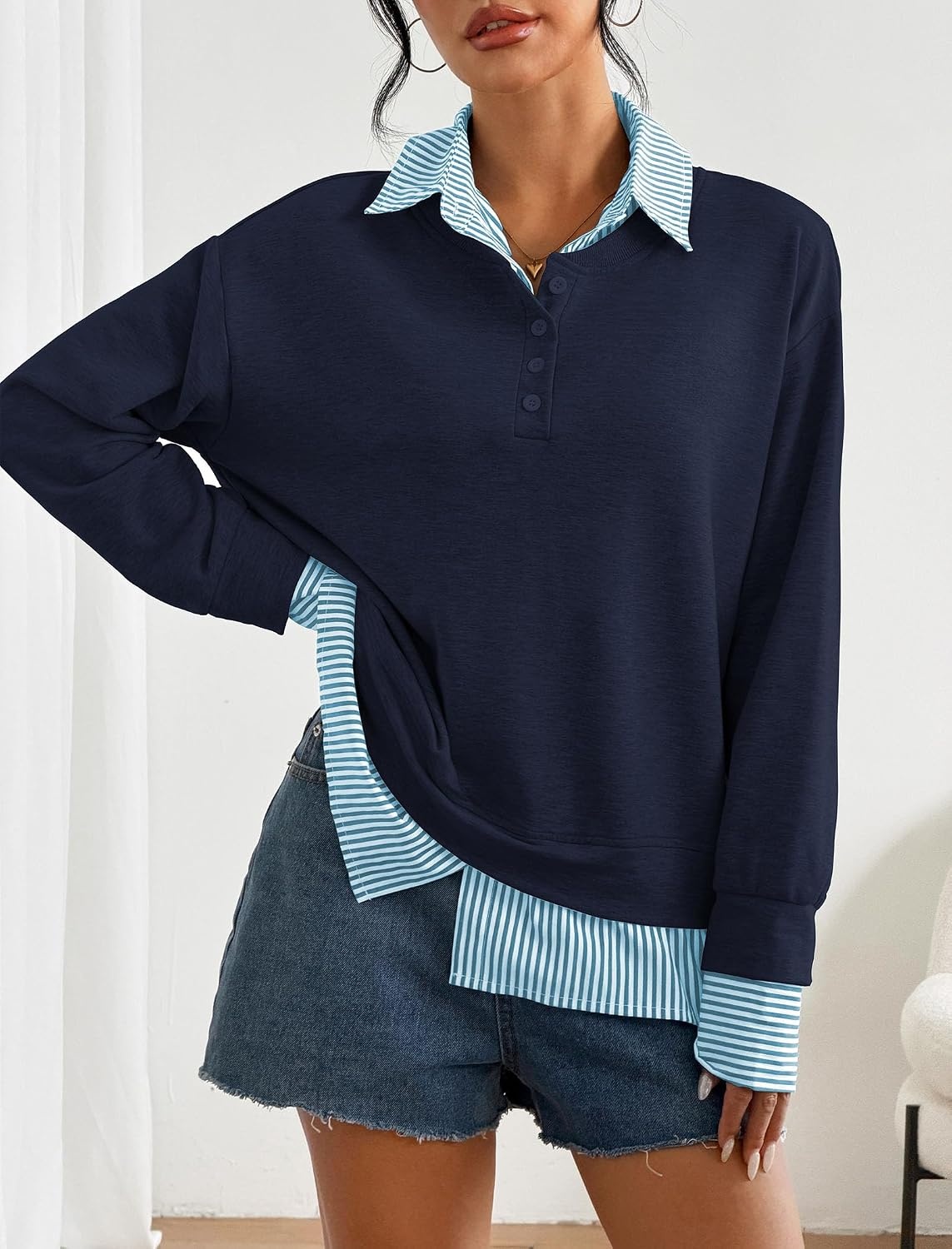 image:imageZAFUL Womens Oversized Sweatshirt V Neck Striped Patchwork Casual Pullover6royal Blue