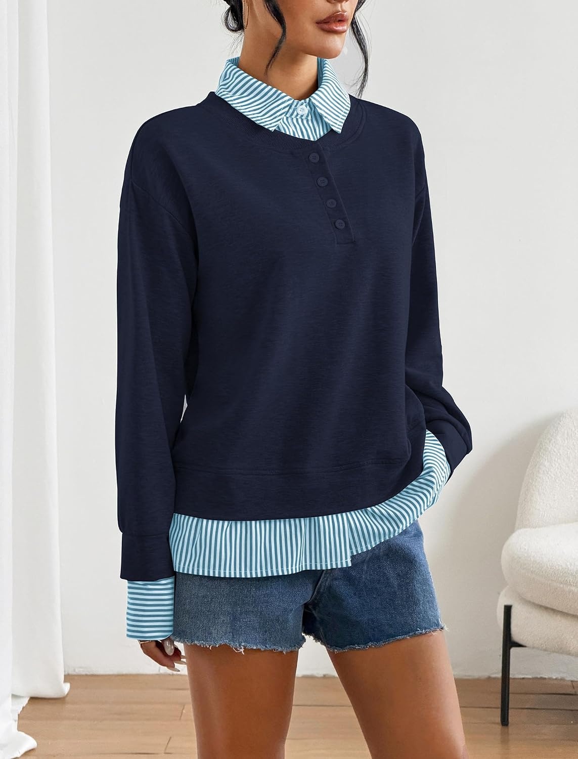 image:imageZAFUL Womens Oversized Sweatshirt V Neck Striped Patchwork Casual Pullover6royal Blue
