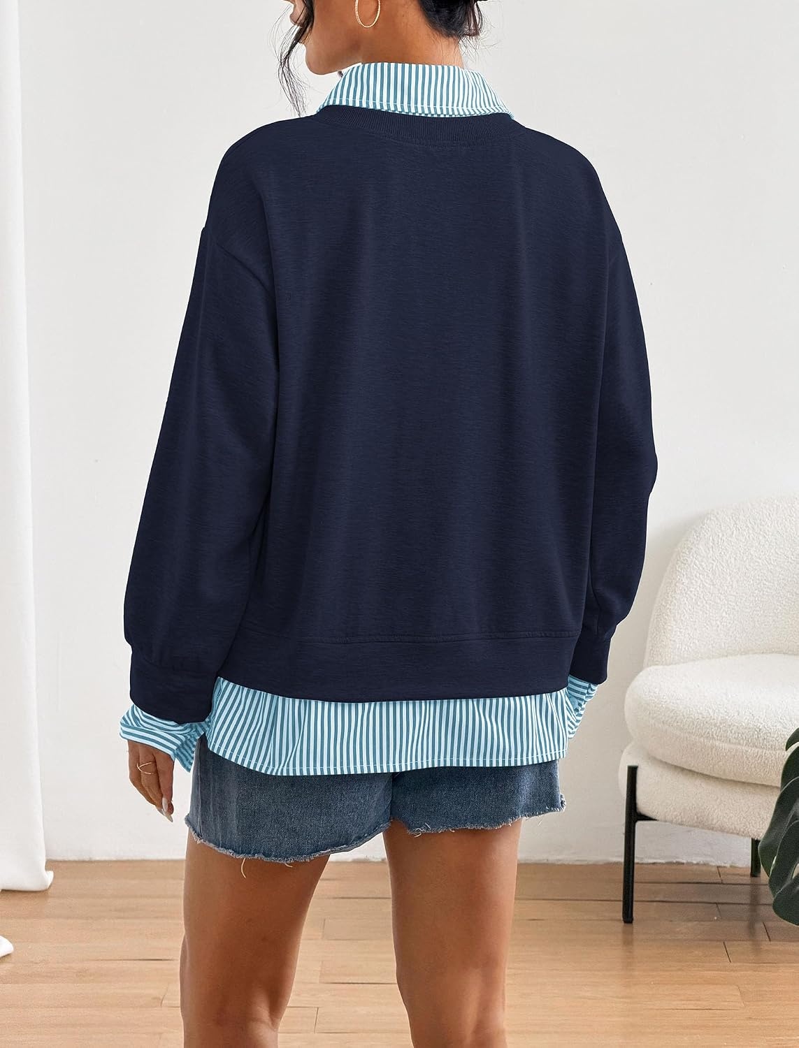 image:imageZAFUL Womens Oversized Sweatshirt V Neck Striped Patchwork Casual Pullover6royal Blue