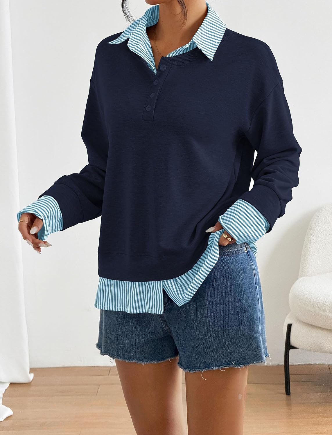 image:imageZAFUL Womens Oversized Sweatshirt V Neck Striped Patchwork Casual Pullover6royal Blue