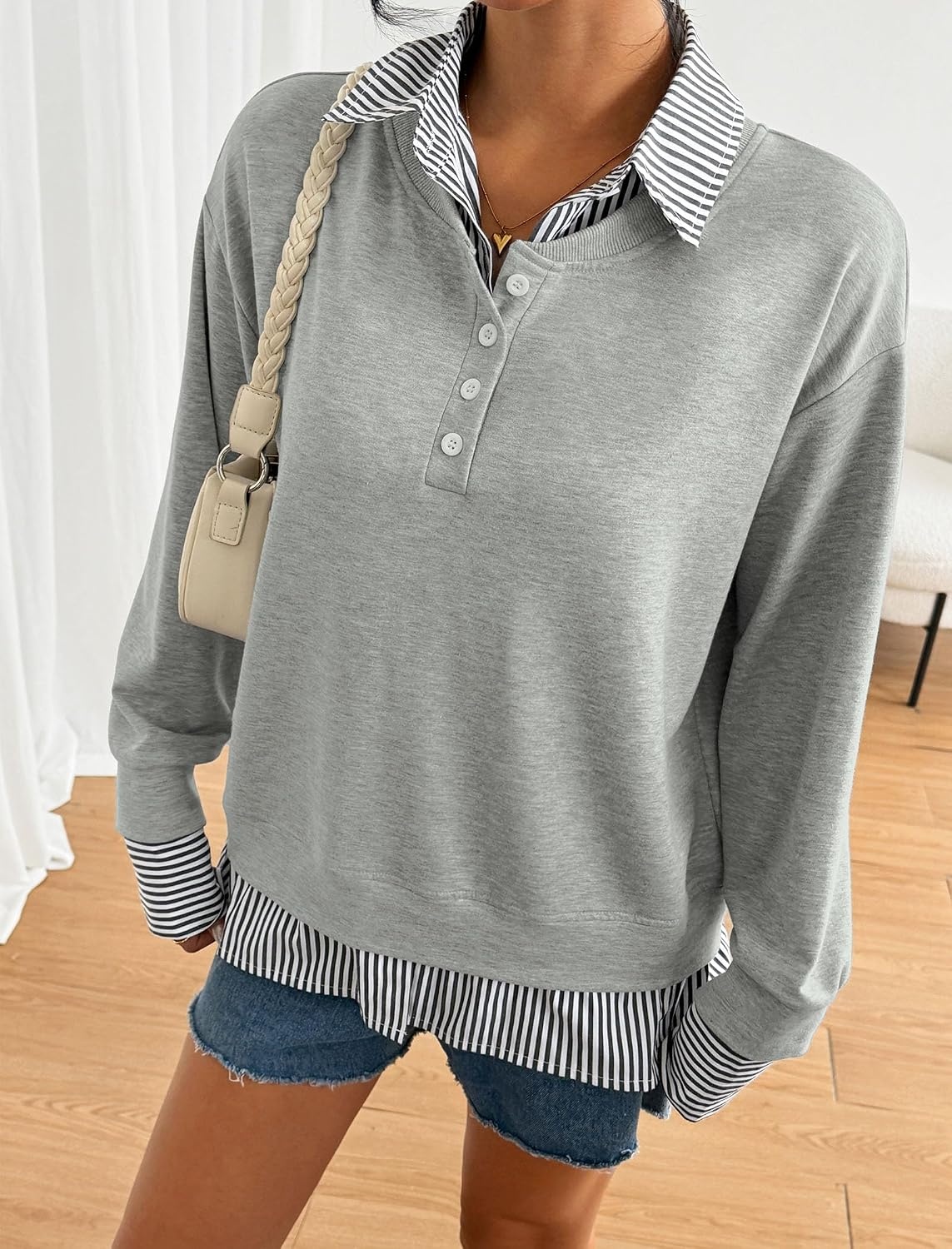 image:imageZAFUL Womens Oversized Sweatshirt V Neck Striped Patchwork Casual Pullover7grey