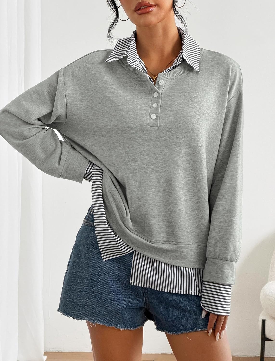 image:imageZAFUL Womens Oversized Sweatshirt V Neck Striped Patchwork Casual Pullover7grey