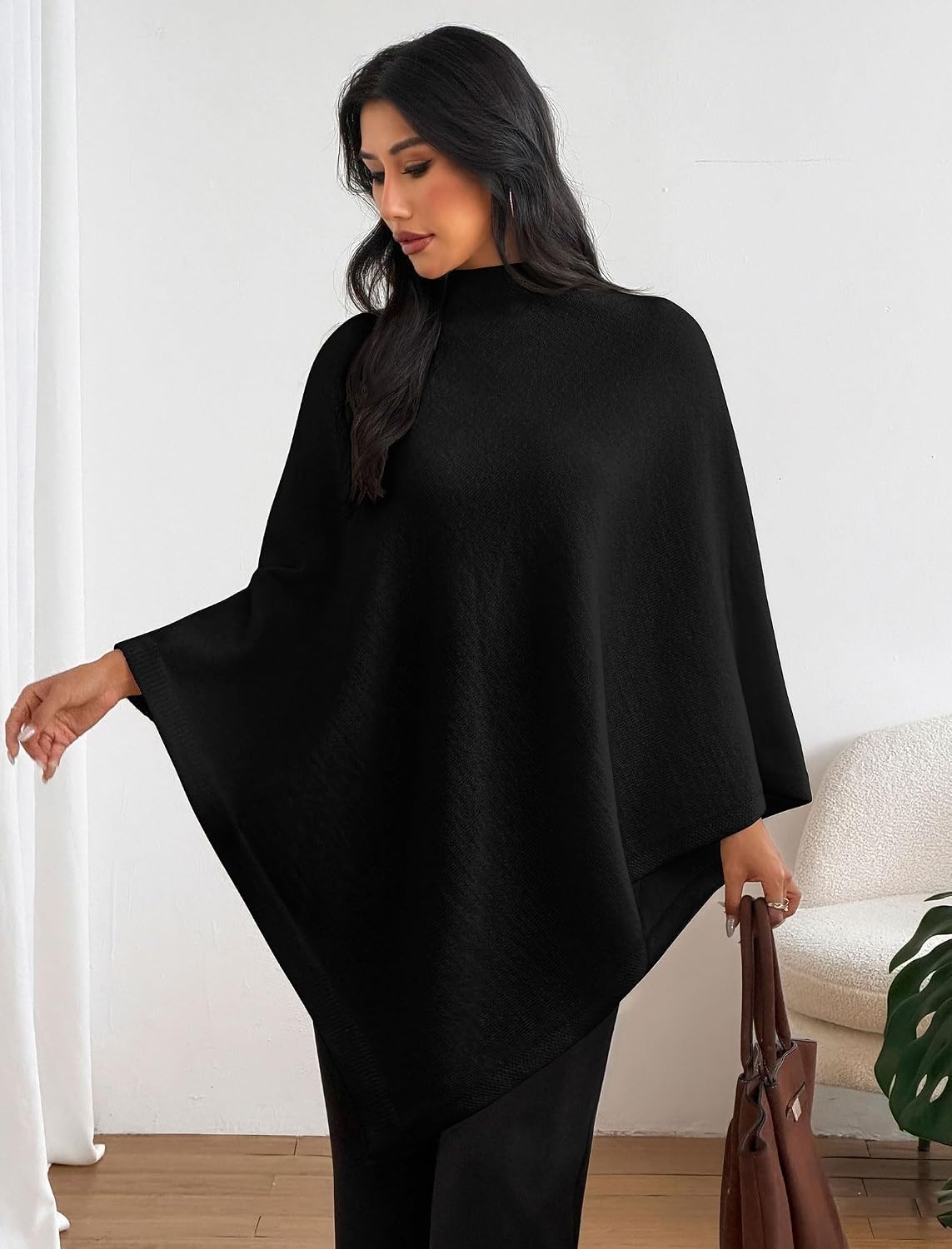 image:imageZAFUL Womens Poncho Sweater Shawl Pullover Cape Wrap Fall Tops1black