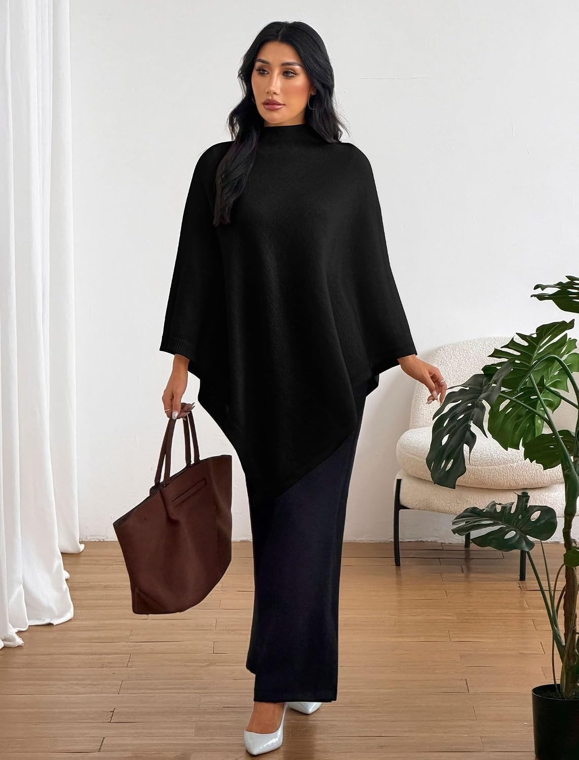 image:imageZAFUL Womens Poncho Sweater Shawl Pullover Cape Wrap Fall Tops1black