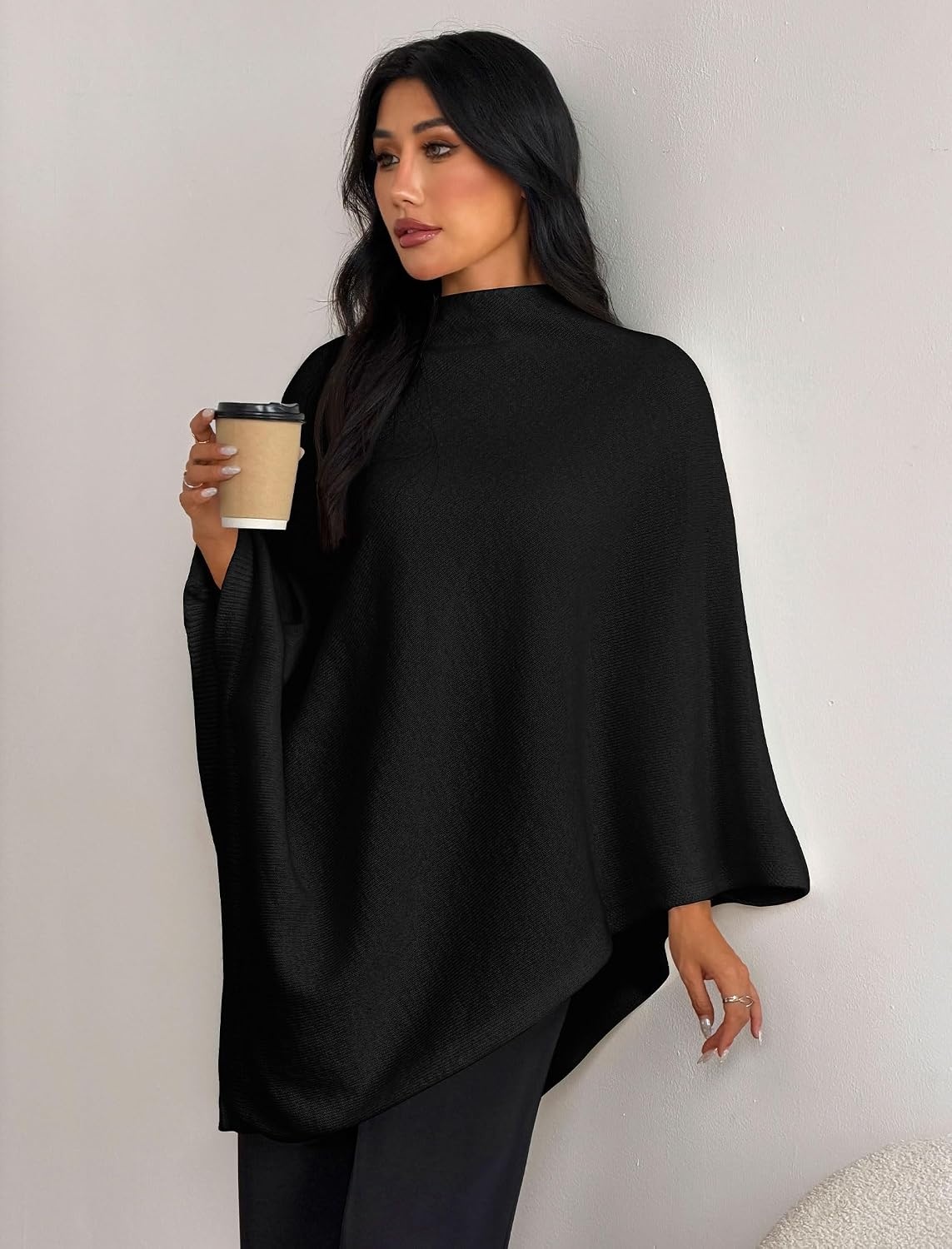 image:imageZAFUL Womens Poncho Sweater Shawl Pullover Cape Wrap Fall Tops1black