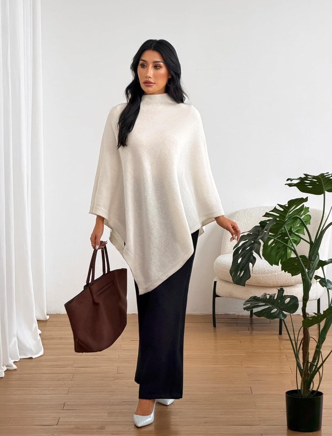 image:imageZAFUL Womens Poncho Sweater Shawl Pullover Cape Wrap Fall Tops1off White