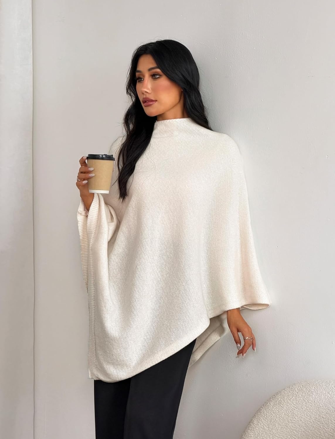 image:imageZAFUL Womens Poncho Sweater Shawl Pullover Cape Wrap Fall Tops1off White