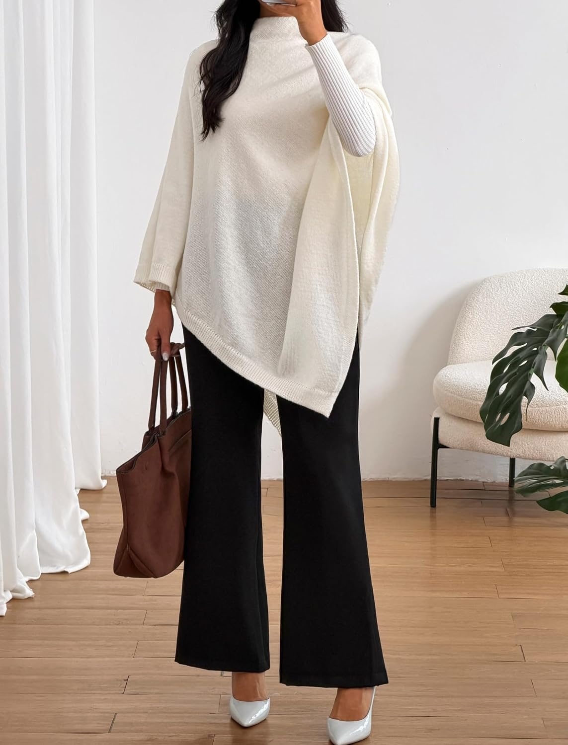 image:imageZAFUL Womens Poncho Sweater Shawl Pullover Cape Wrap Fall Tops1off White