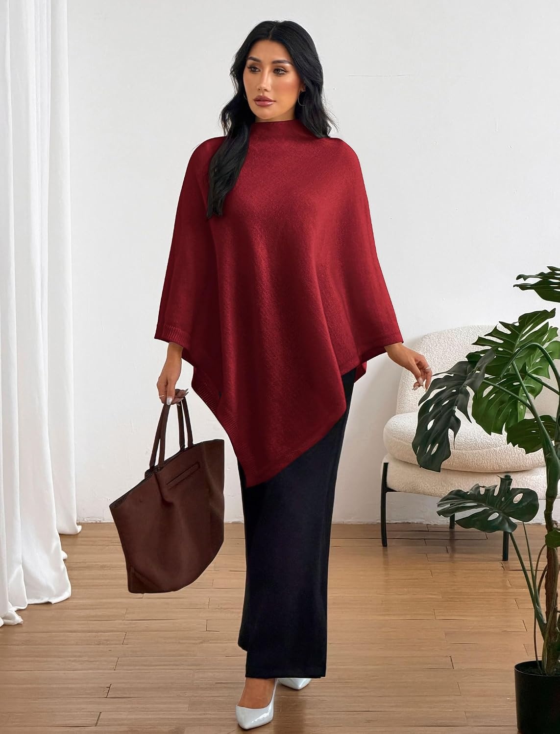 image:imageZAFUL Womens Poncho Sweater Shawl Pullover Cape Wrap Fall Tops1wine