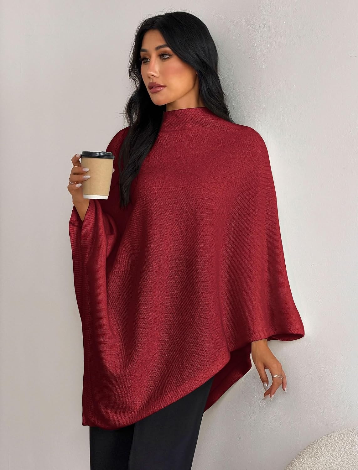 image:imageZAFUL Womens Poncho Sweater Shawl Pullover Cape Wrap Fall Tops1wine