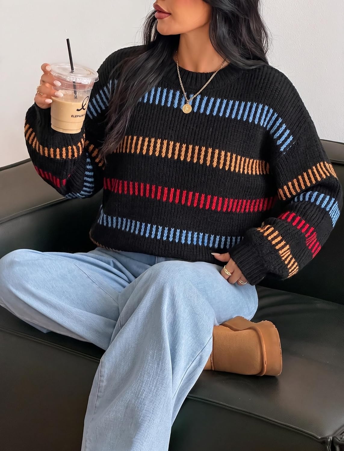 image:imageZAFUL Womens Striped Knit Sweater Oversized Pullover Tops Fall Outfits1black