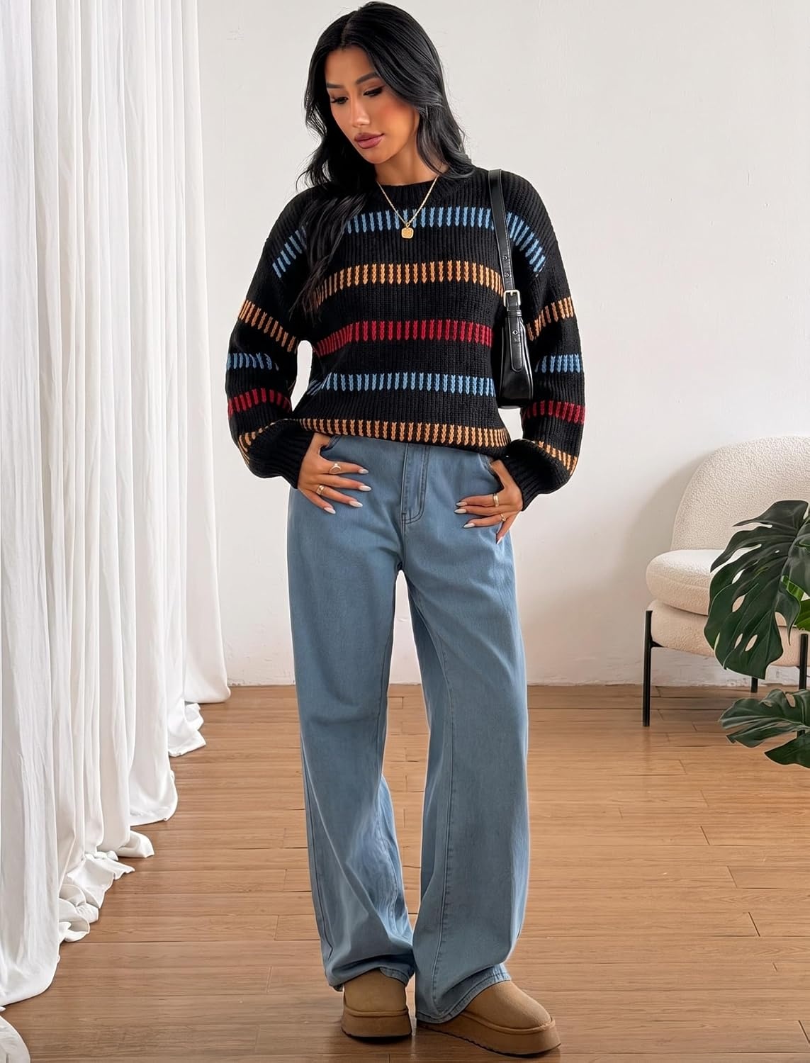 image:imageZAFUL Womens Striped Knit Sweater Oversized Pullover Tops Fall Outfits1black