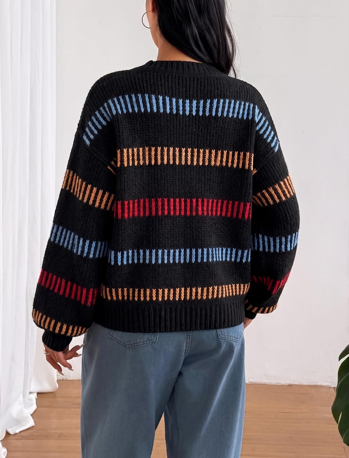 image:imageZAFUL Womens Striped Knit Sweater Oversized Pullover Tops Fall Outfits1black
