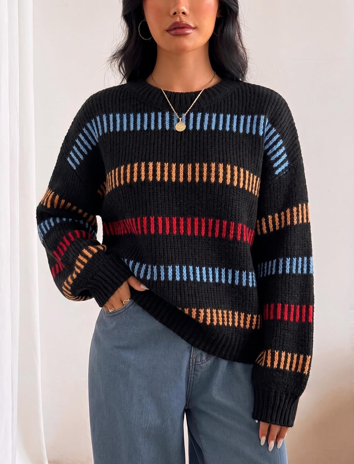 image:imageZAFUL Womens Striped Knit Sweater Oversized Pullover Tops Fall Outfits1black