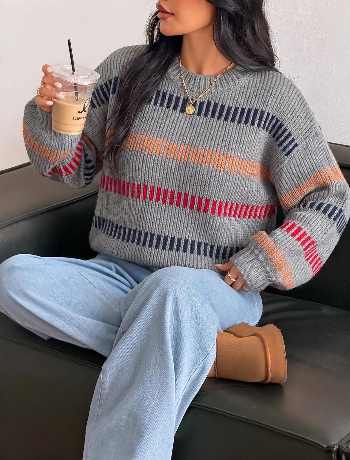image:imageZAFUL Womens Striped Knit Sweater Oversized Pullover Tops Fall Outfits1grey
