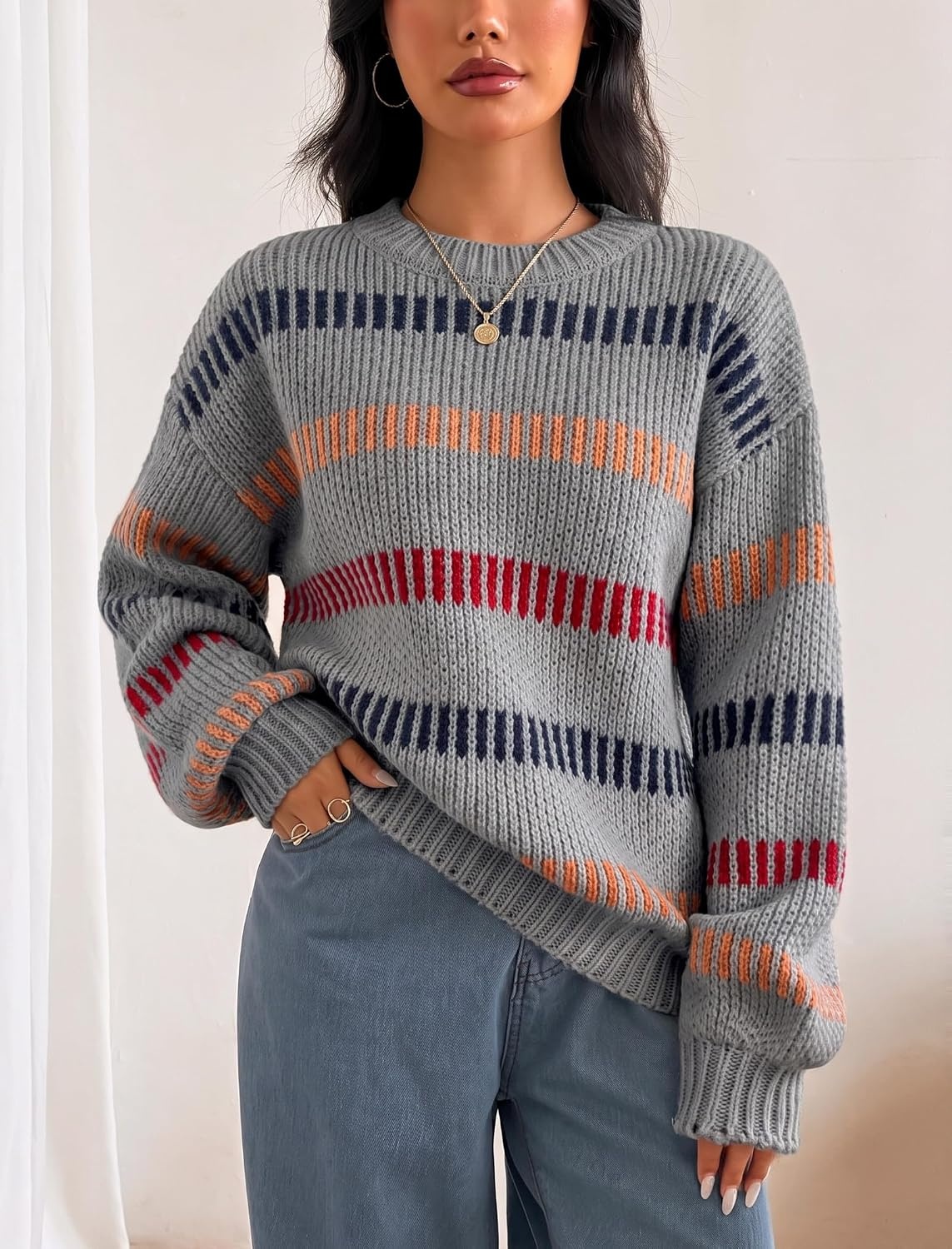 image:imageZAFUL Womens Striped Knit Sweater Oversized Pullover Tops Fall Outfits1grey