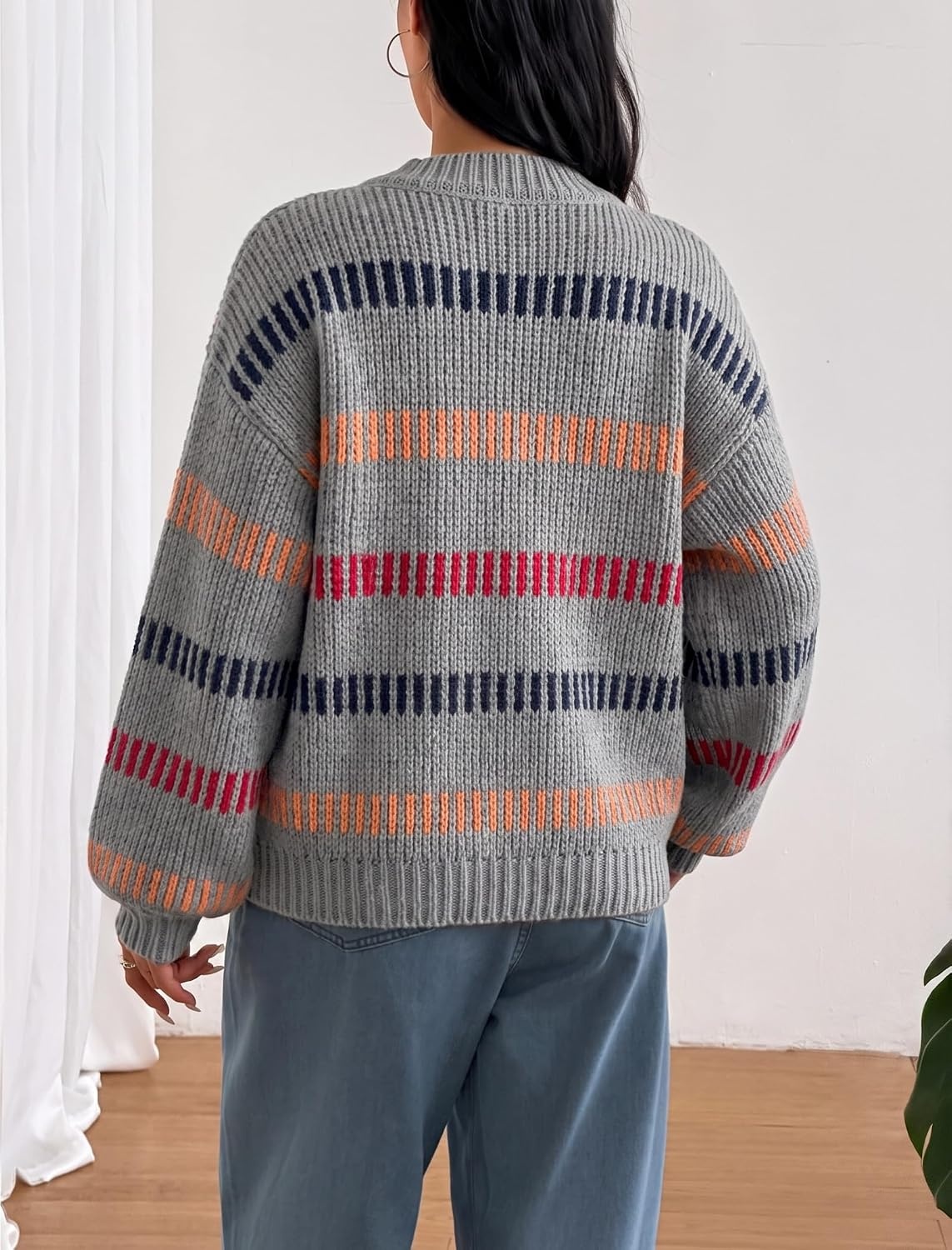 image:imageZAFUL Womens Striped Knit Sweater Oversized Pullover Tops Fall Outfits1grey