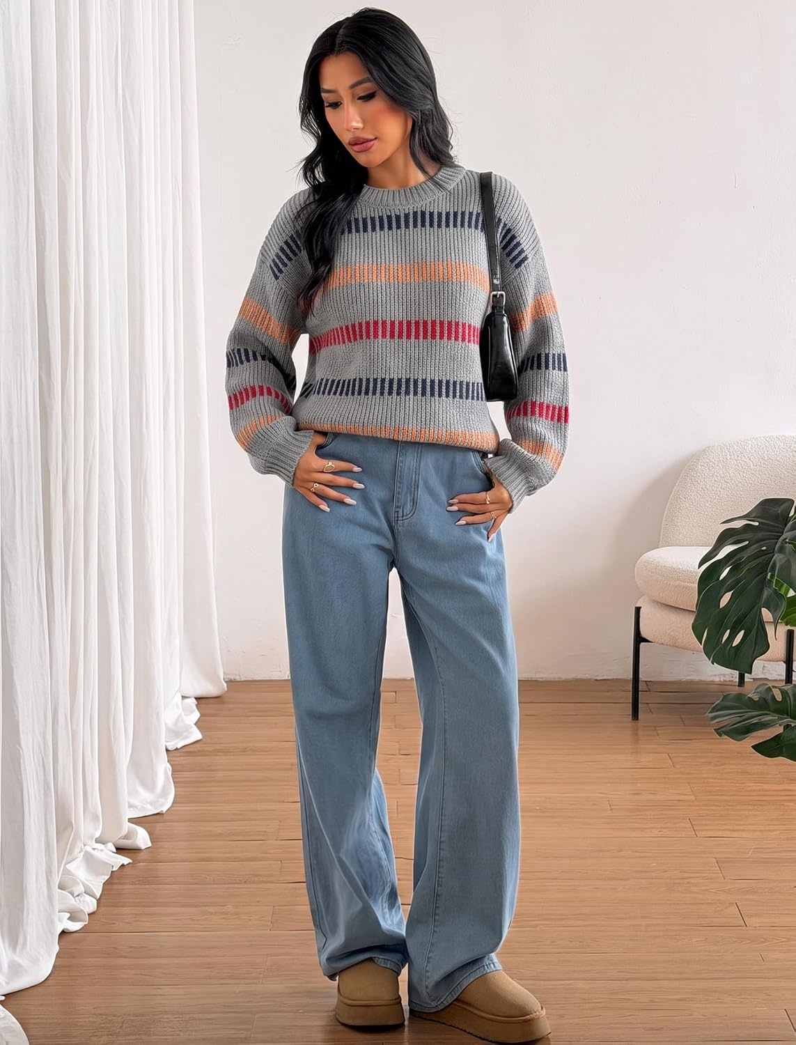 image:imageZAFUL Womens Striped Knit Sweater Oversized Pullover Tops Fall Outfits1grey