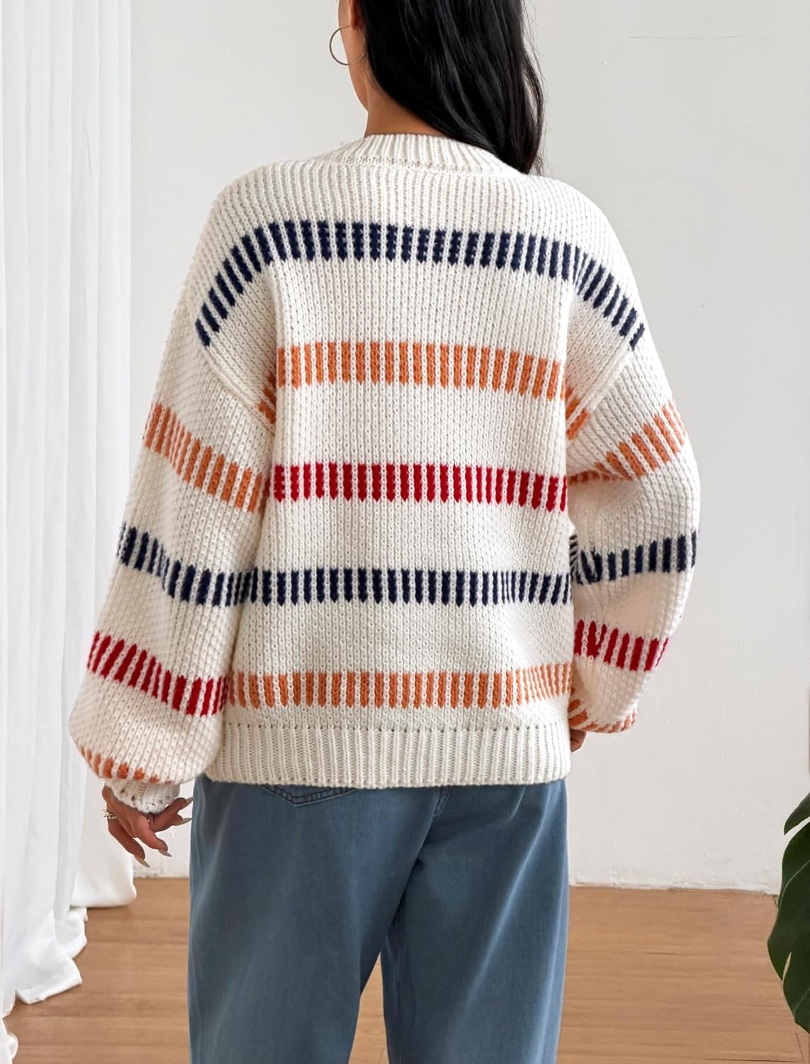 image:imageZAFUL Womens Striped Knit Sweater Oversized Pullover Tops Fall Outfits1white