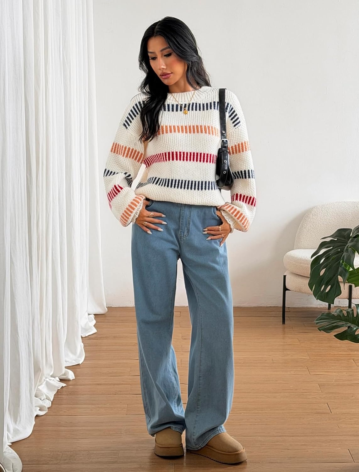 image:imageZAFUL Womens Striped Knit Sweater Oversized Pullover Tops Fall Outfits1white