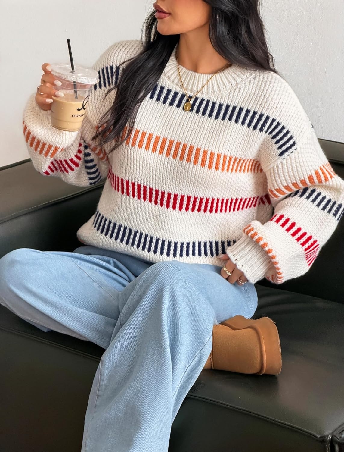 image:imageZAFUL Womens Striped Knit Sweater Oversized Pullover Tops Fall Outfits1white