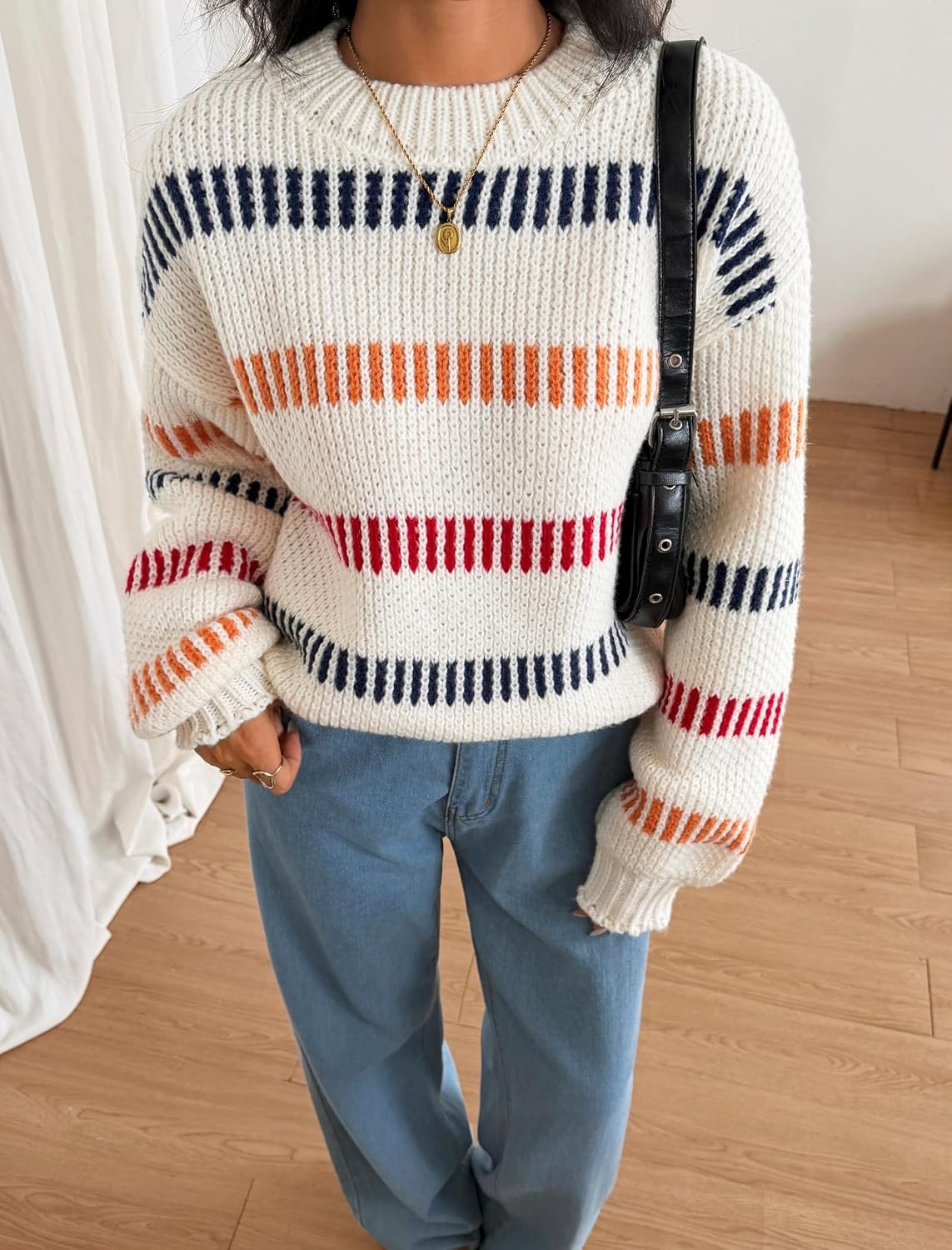 image:imageZAFUL Womens Striped Knit Sweater Oversized Pullover Tops Fall Outfits1white