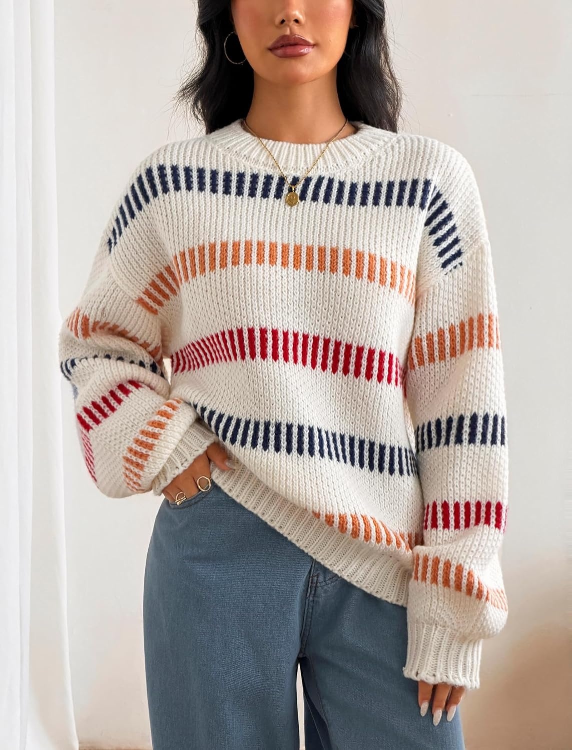 image:imageZAFUL Womens Striped Knit Sweater Oversized Pullover Tops Fall Outfits1white
