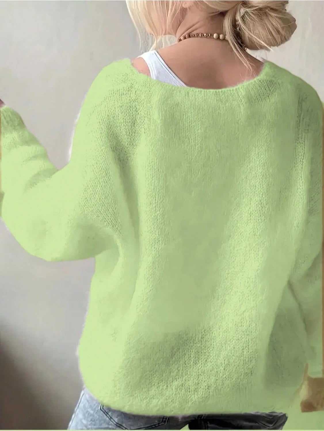 image:imageZAFUL Womens V Neck Casual Loose Lightweight Pullover Knit Sweaters2green