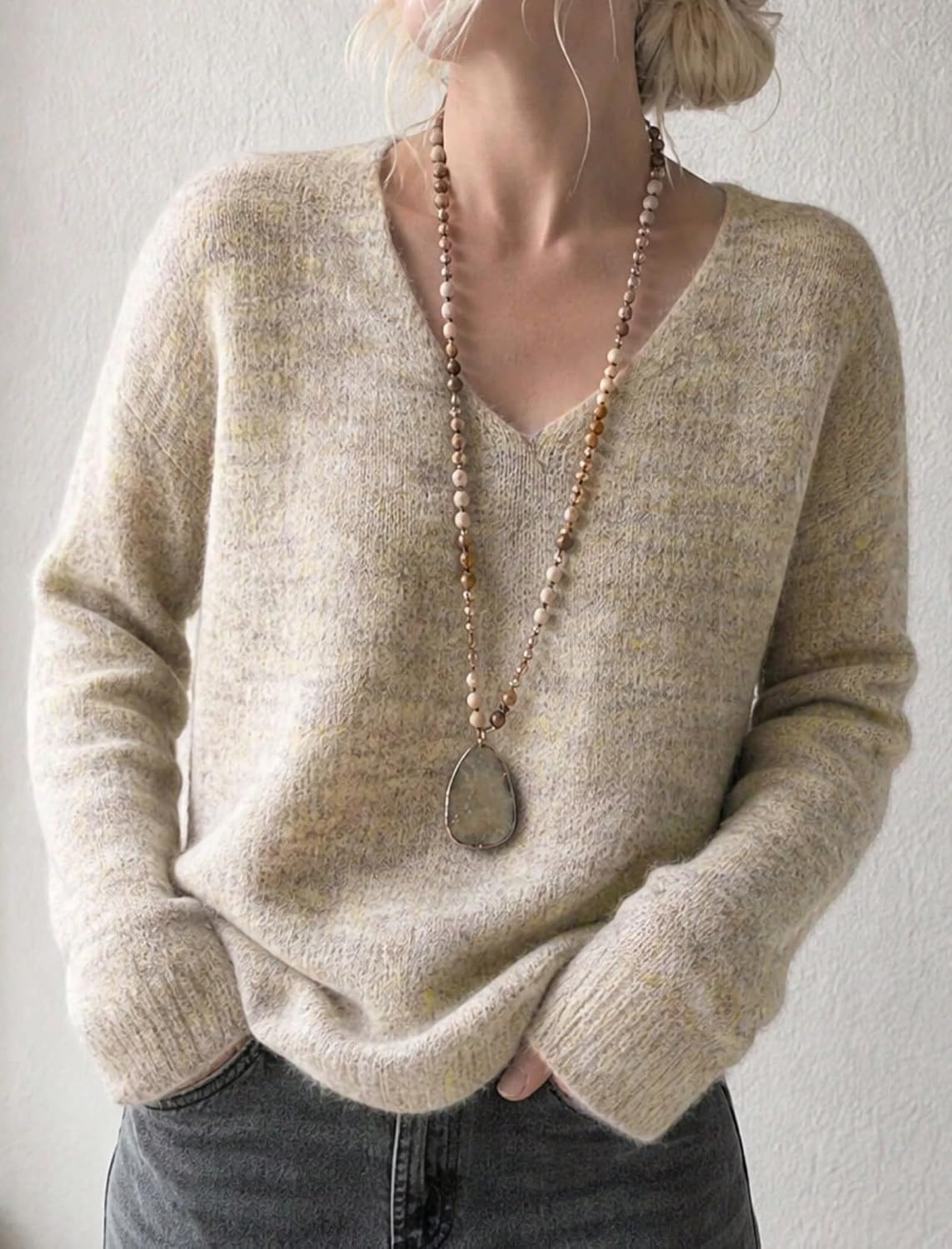 image:imageZAFUL Womens V Neck Casual Loose Lightweight Pullover Knit Sweaters2oatmeal Color
