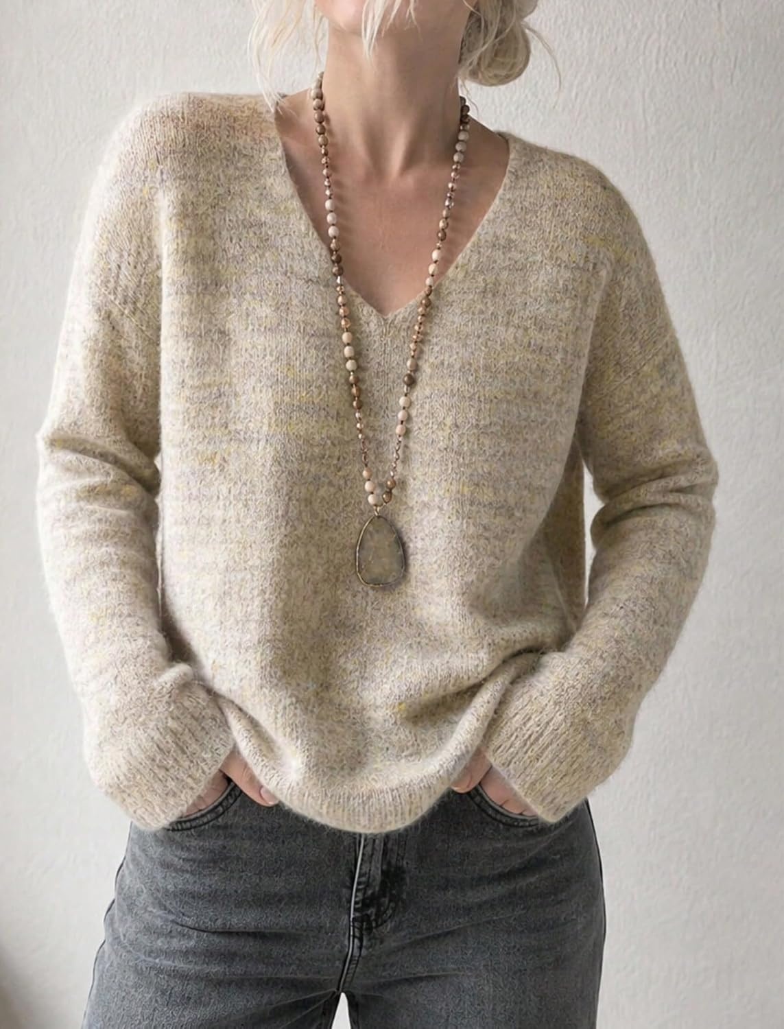 image:imageZAFUL Womens V Neck Casual Loose Lightweight Pullover Knit Sweaters2oatmeal Color