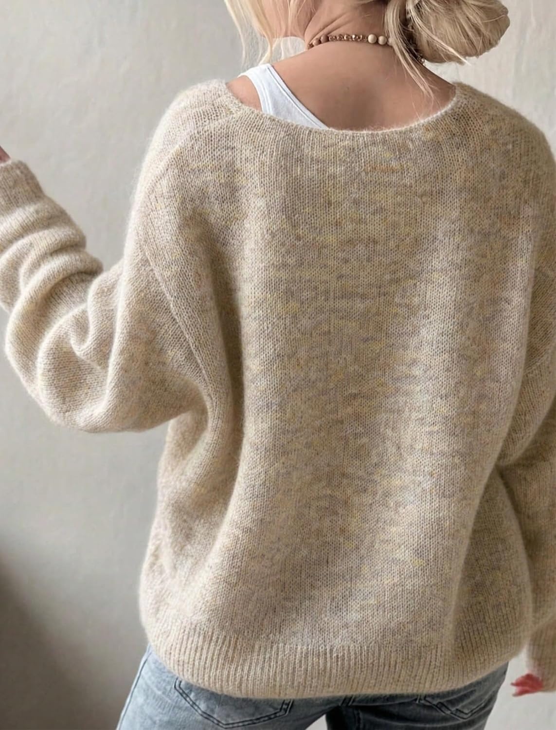 image:imageZAFUL Womens V Neck Casual Loose Lightweight Pullover Knit Sweaters2oatmeal Color