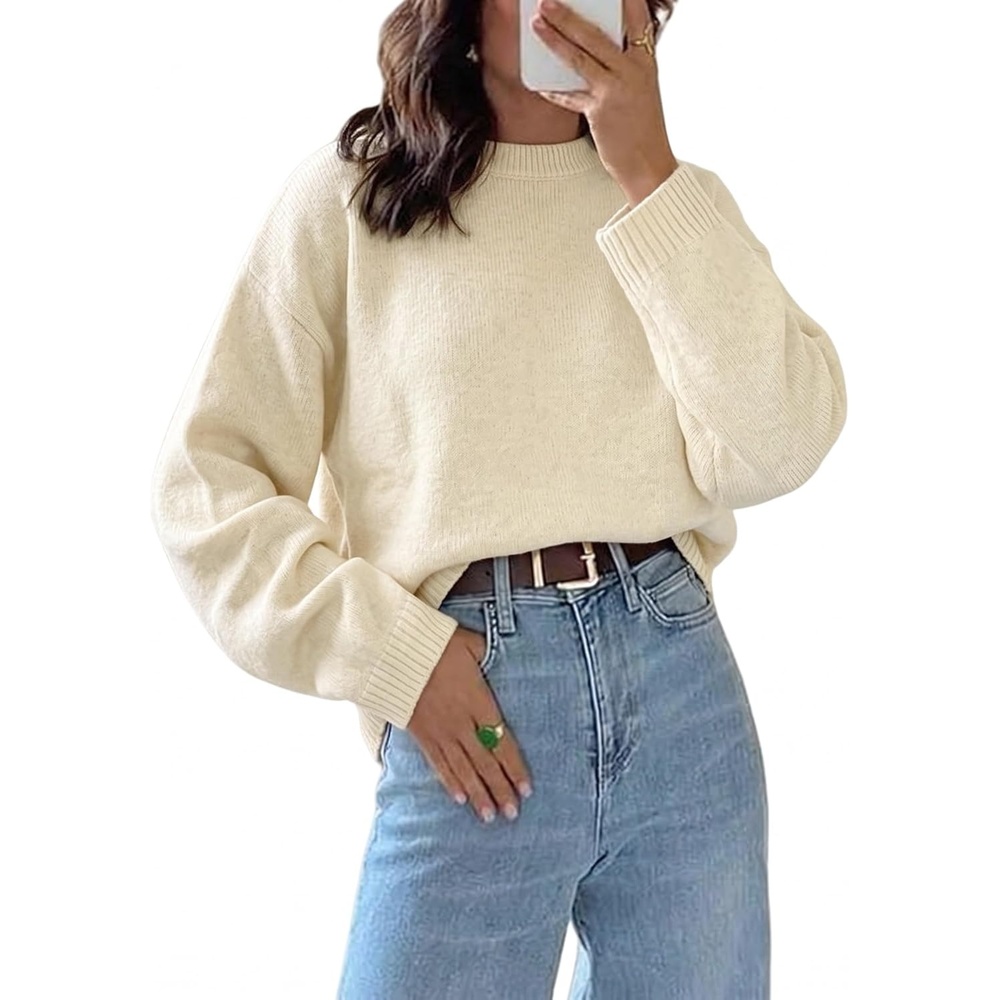 image:imageZAFUL Crew Neck Cozy Long Sleeves Casual Knit Pullover Sweater for Women1white