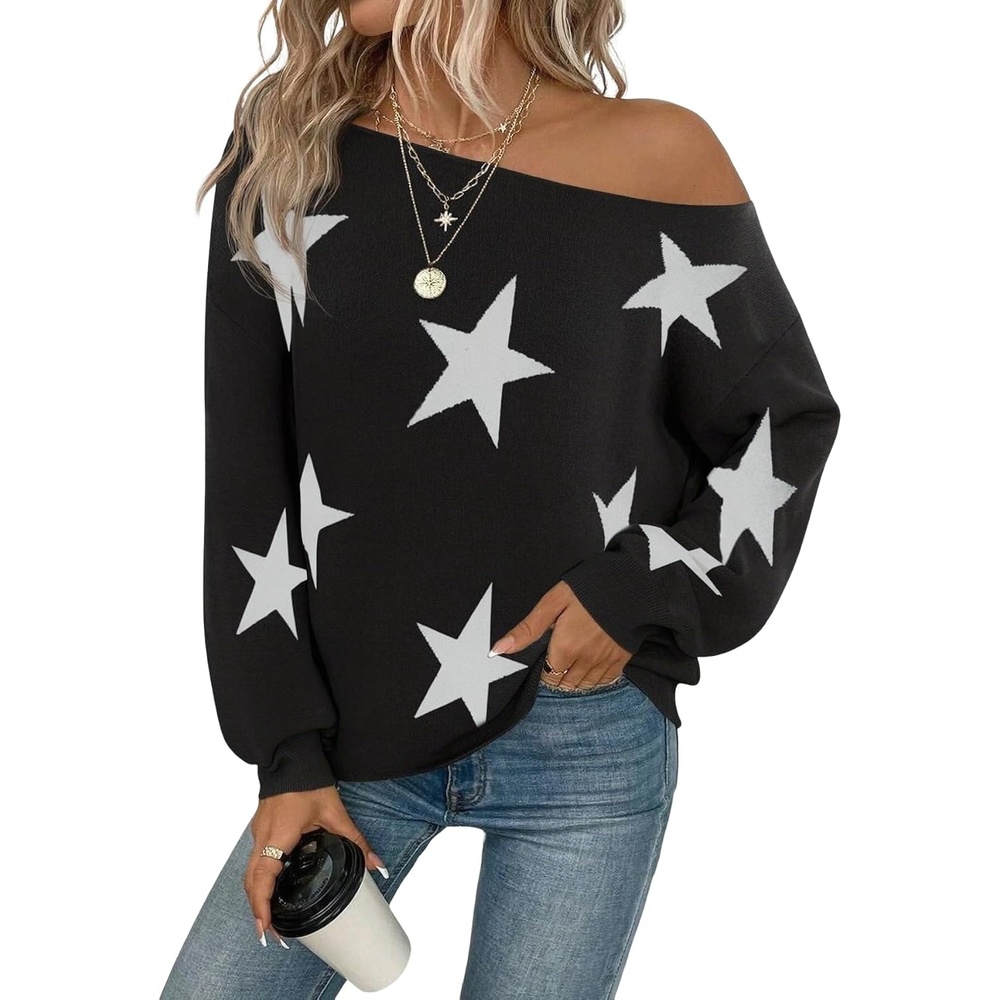 image:imageZAFUL Off The Shoulder Sweater Women Casual Star Knit Pullover Loose TopsBlack