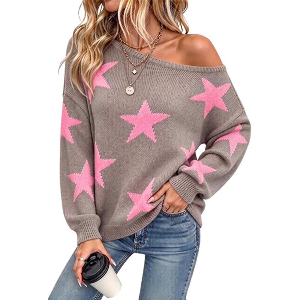 image:imageZAFUL Off The Shoulder Sweater Women Casual Star Knit Pullover Loose TopsBrown Pink