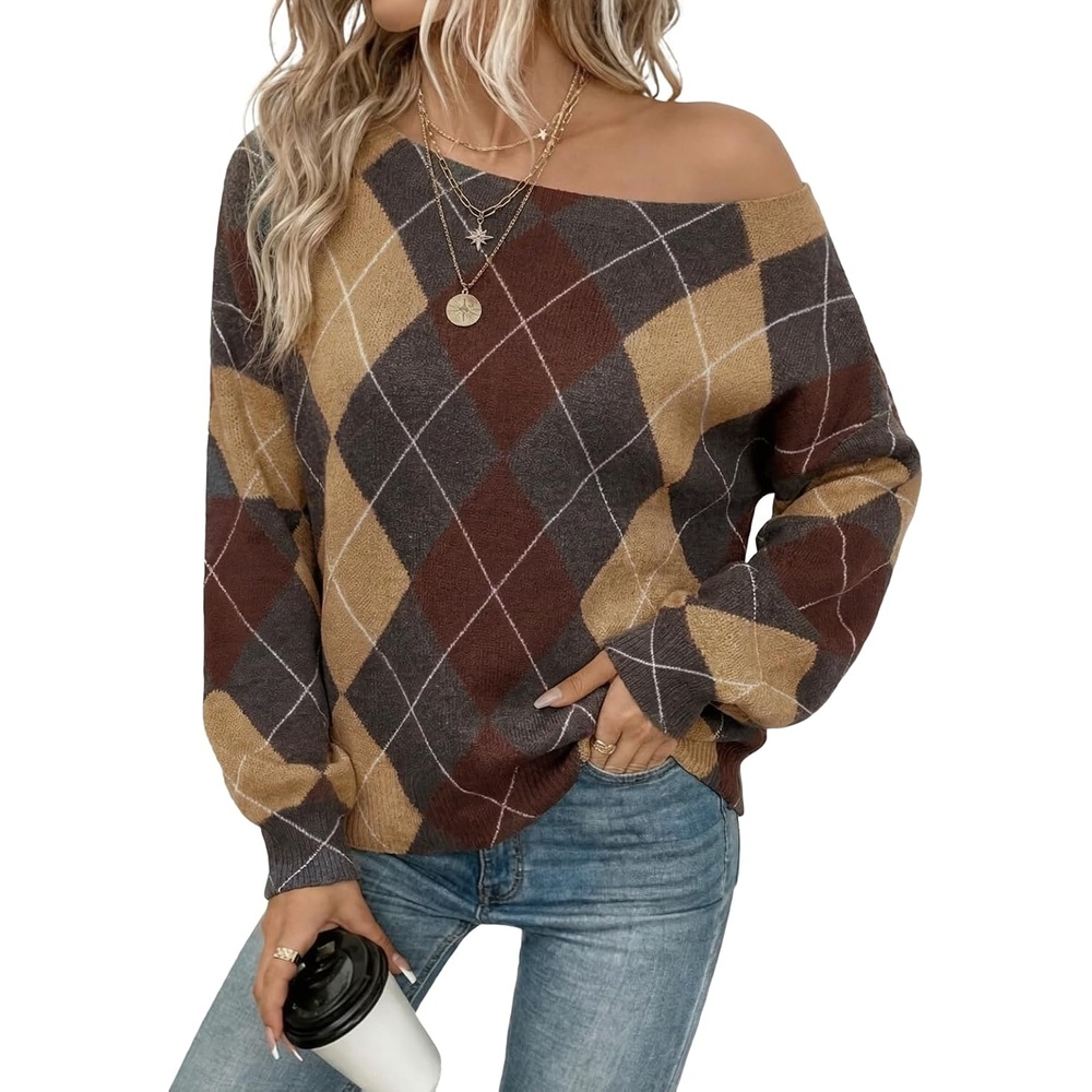 image:imageZAFUL Off The Shoulder Sweater Women Casual Star Knit Pullover Loose TopsKhaki