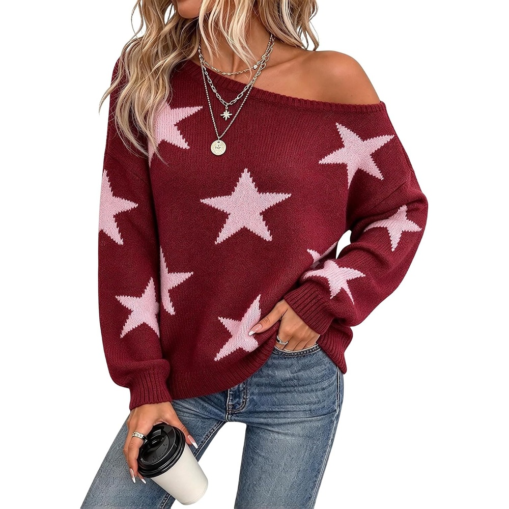 image:imageZAFUL Off The Shoulder Sweater Women Casual Star Knit Pullover Loose TopsRed Pink