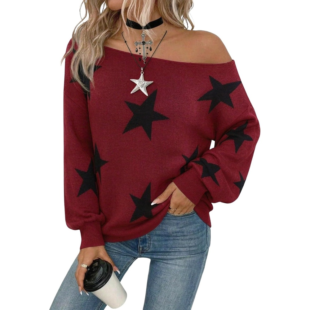 image:imageZAFUL Off The Shoulder Sweater Women Casual Star Knit Pullover Loose TopsWine Red