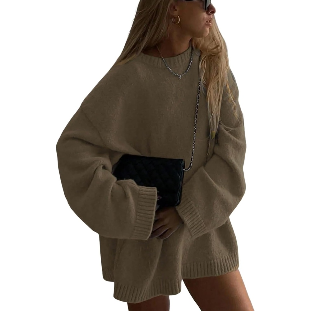 image:imageZAFUL Women Oversized Sweater Crew Neck Long Sleeve Casual Tunic PulloverKhaki
