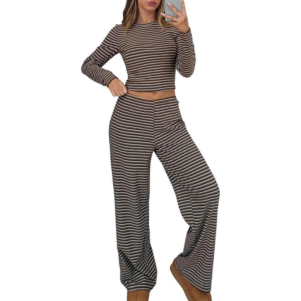 image:imageZAFUL Womens 2 Piece Striped Lounge Sets Casual Pajamas Wide Leg PantsBrown